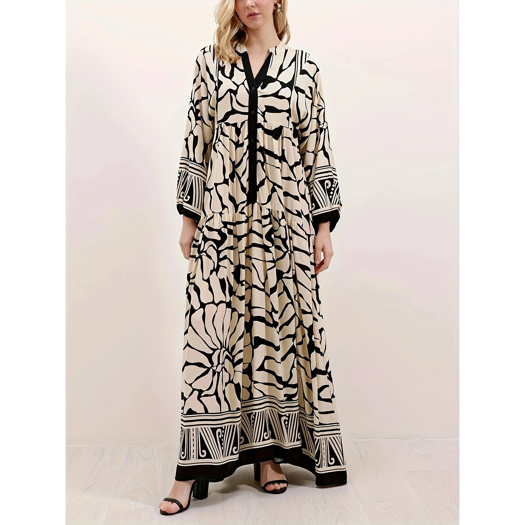 Elegant Long Sleeve V-Neck Loose Maxi Dress for Women | 2025 Autumn Middle East Fashion Casual Long Dress