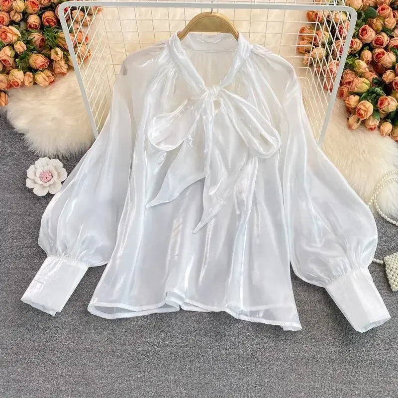 Spring Autumn Korean Harajuku Women’s Top – Bowknot Lantern Sleeve Loose Solid Shirt 🌸👚✨