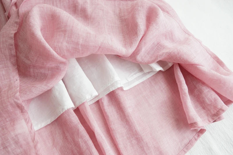 Japanese Style Women’s Long Sleeve Cotton Linen Dress | Wooden Ear Design Loose A-Line Skirt with Waist Belt