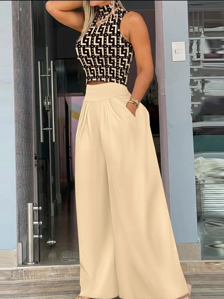 2025 Summer Fashion Printed Two Piece Set Women – Sleeveless Tank Top & Wide Leg Pants 🌞👚👖