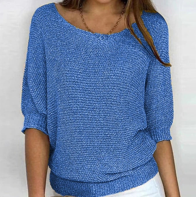 Women's Solid Color Knitted Sweater Pullover | Elegant Winter Round Neck 3/4 Sleeve Top