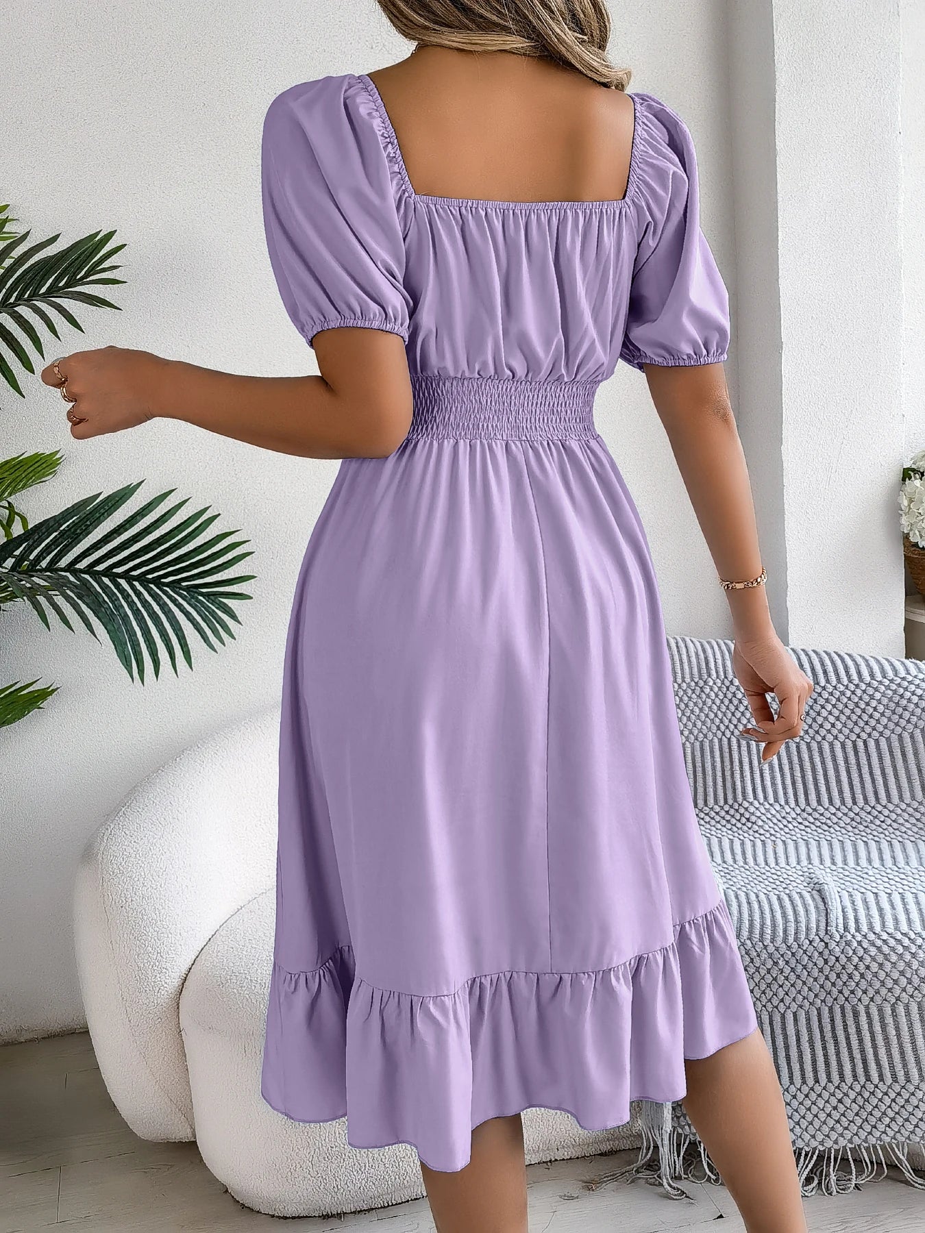 2026 Women’s Elegant High-Waisted Dress – Square Neck, Short Sleeve, Ruffled Edge Long Dress | Spring Summer Valentine’s Day