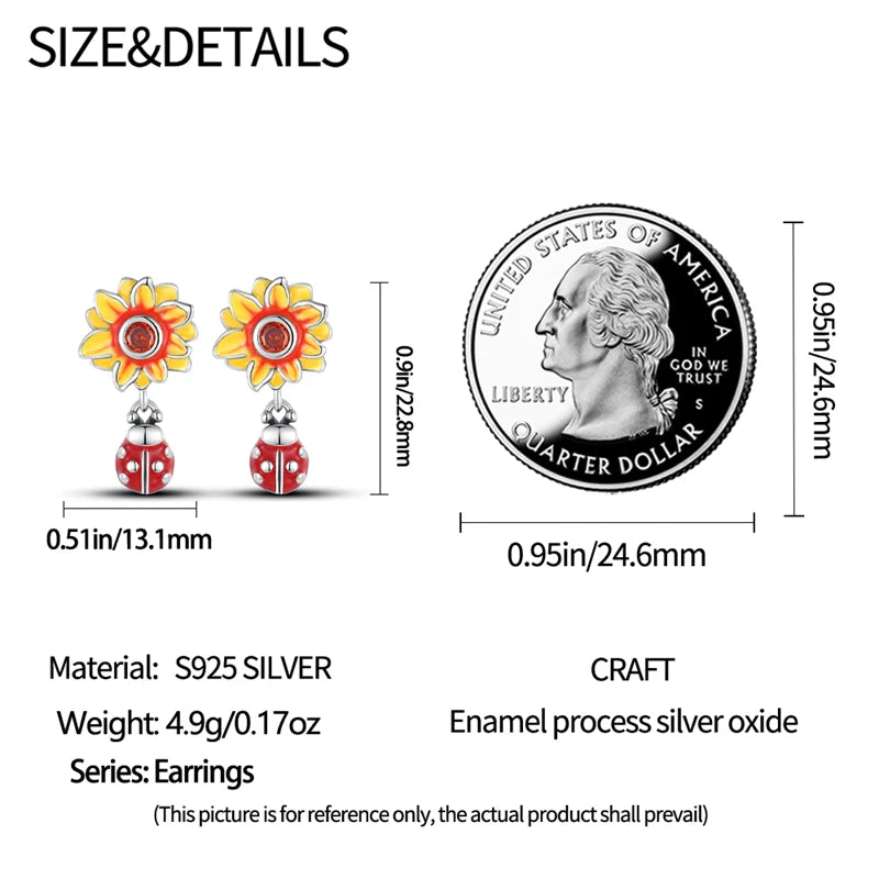 Luxury 925 Sterling Silver Sunflower & Ladybug Earrings | Pave CZ Fashion Jewelry Gift for Women Engagement & Anniversary