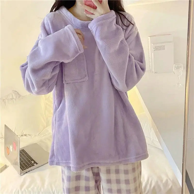 ❄️ Fleece Thick Warm Women’s Pajamas Set 🛌 Soft Winter Sleepwear | Cozy Solid Top & Plaid Pants Pijamas Home Suit ❤️