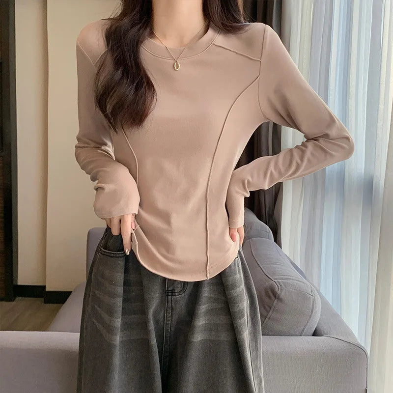 Women's Long Sleeve Velvet Base Shirt 👚 Slim Fit Round Neck T-Shirt ✨ Pure Color Winter Fashionable Top ❄️