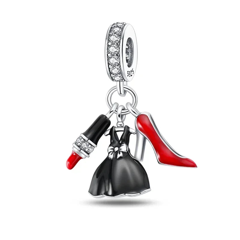 925 Sterling Silver Fashion Life Series Charms – High Heels, Lipstick, Dress & Perfume Beads Fit Pandora Bracelets DIY