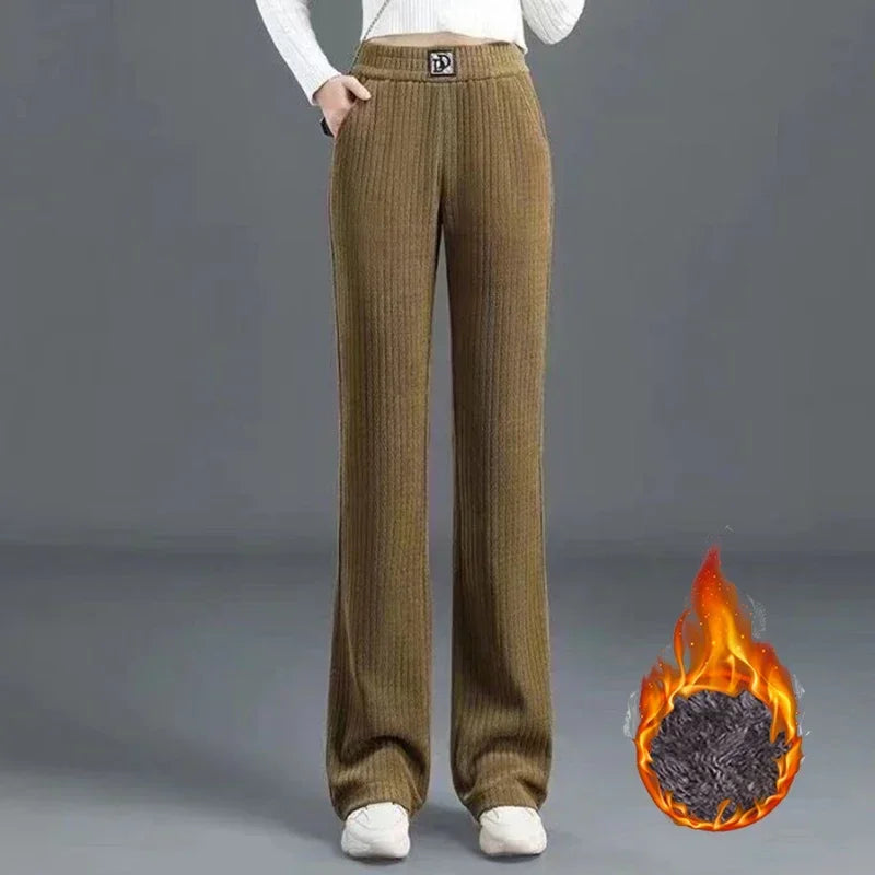 Winter Women High Waist Thermal Plush Pants – Straight Leg Fleece Trousers for Warm Casual Daily Wear