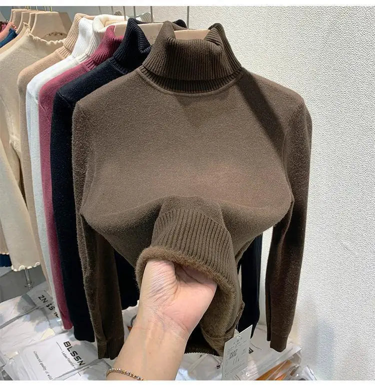 2025 Women’s High Collar Pullover Sweater – Thick Warm Soft Winter Top | Solid Color Bottoming Shirt