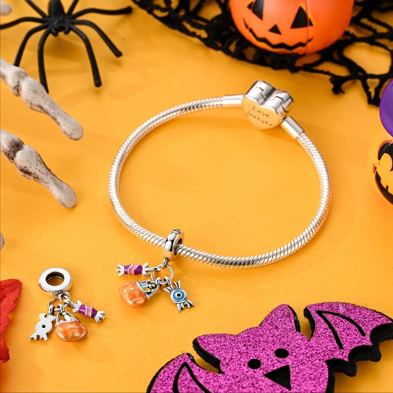 925 Sterling Silver Halloween Series Charms | Pumpkin, Witch, Skull & Candy Beads Fit Original Bracelet DIY Jewelry
