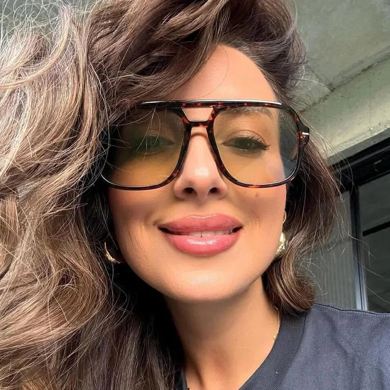 Retro Big Frame Square Sunglasses – Women & Men Double Beam One-Piece Designer Pilot Sun Glasses | Black Circular Cool Shades