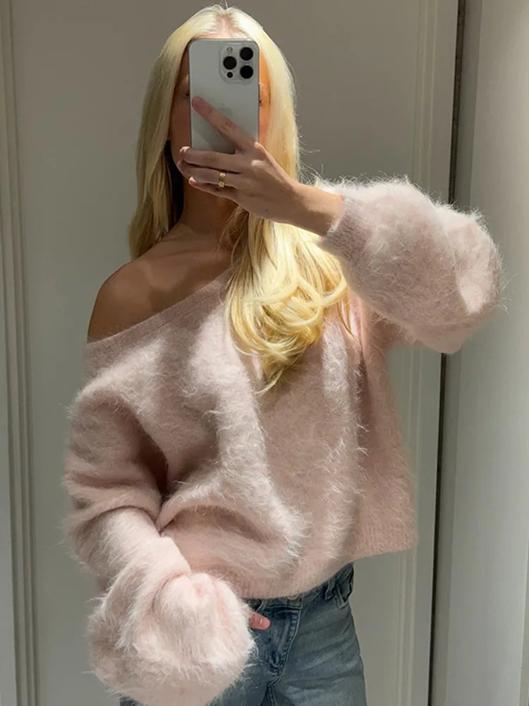 Women’s Off-Shoulder Mohair Sweater | Elegant Loose Knit Pullover for Autumn Fashion 2025