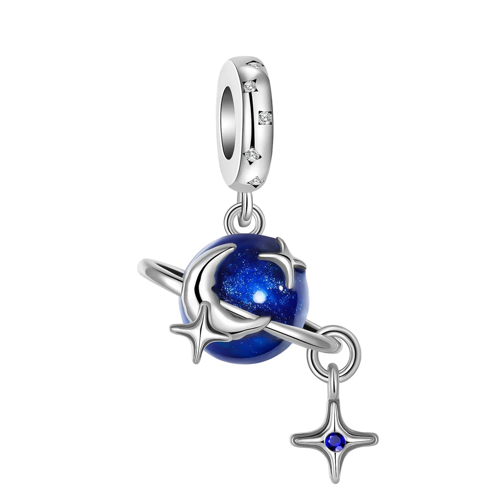 925 Sterling Silver Blue Moon Plane Space Series Glass Beads Clip Charm for Bracelet