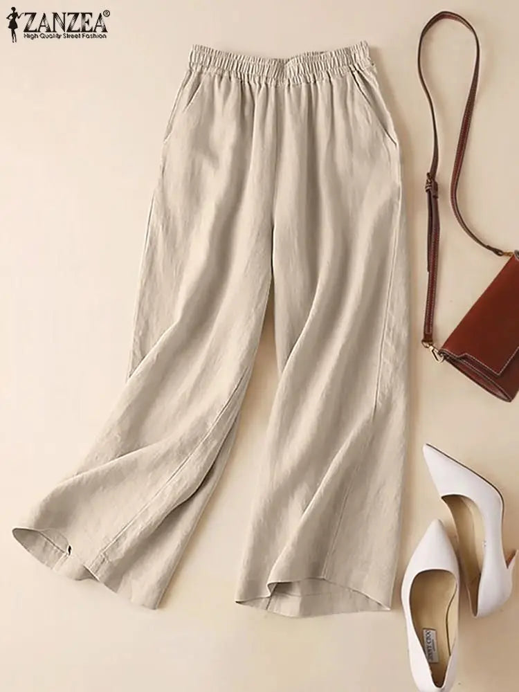 ZANZEA 2025 Women’s Cotton Linen Wide-Leg Pants | Summer Casual Elastic Waist Palazzo Trousers
