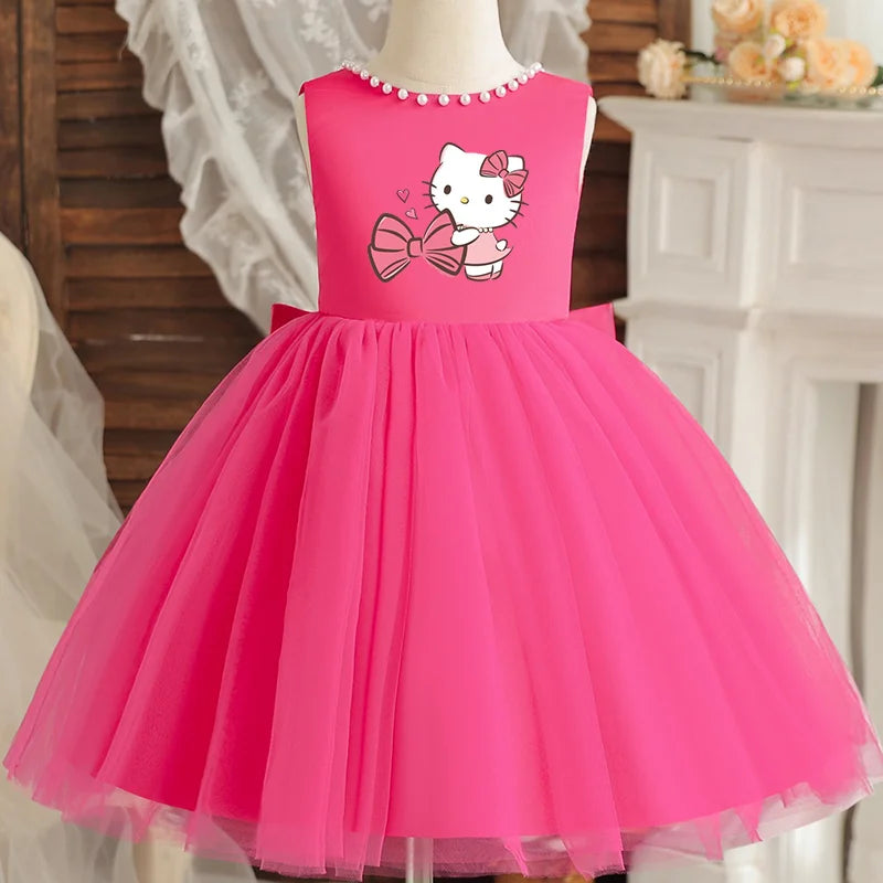 Hello Kitty Kids Pearls Elegant Princess Dress for Girls Backless Bow Baby 1st Birthday Baptism Tutu Gown Wedding Dress