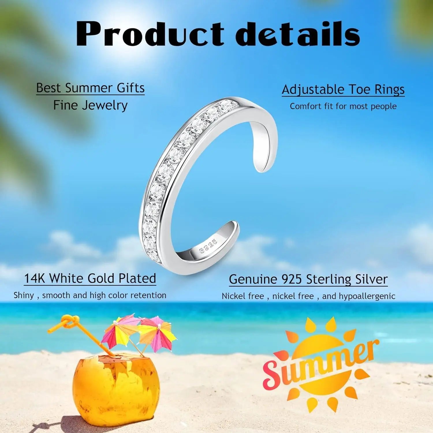 Fansilver S925 Sterling Silver Adjustable Toe Rings for Women – White Gold Plated Flower Summer Beach Foot Jewelry