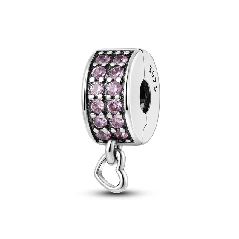 925 Sterling Silver Safety Chain & Clip Charms – CZ Pave Round Beads Fit Pandora Bracelet DIY Jewelry Making