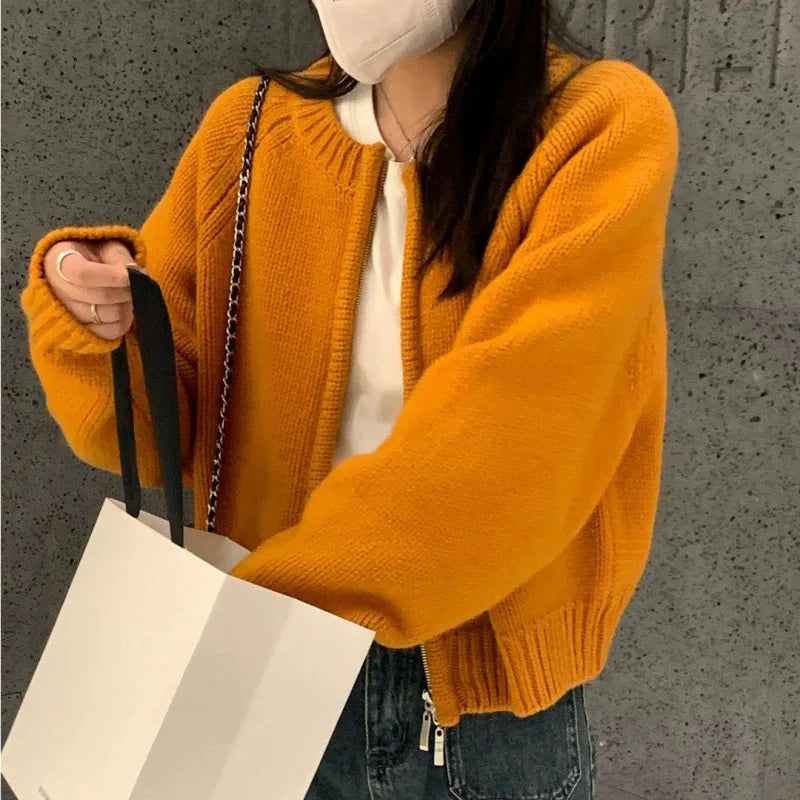 Women's Short Knitted Cardigan 2025 | Autumn Winter Solid Color Zipper Sweater Jacket