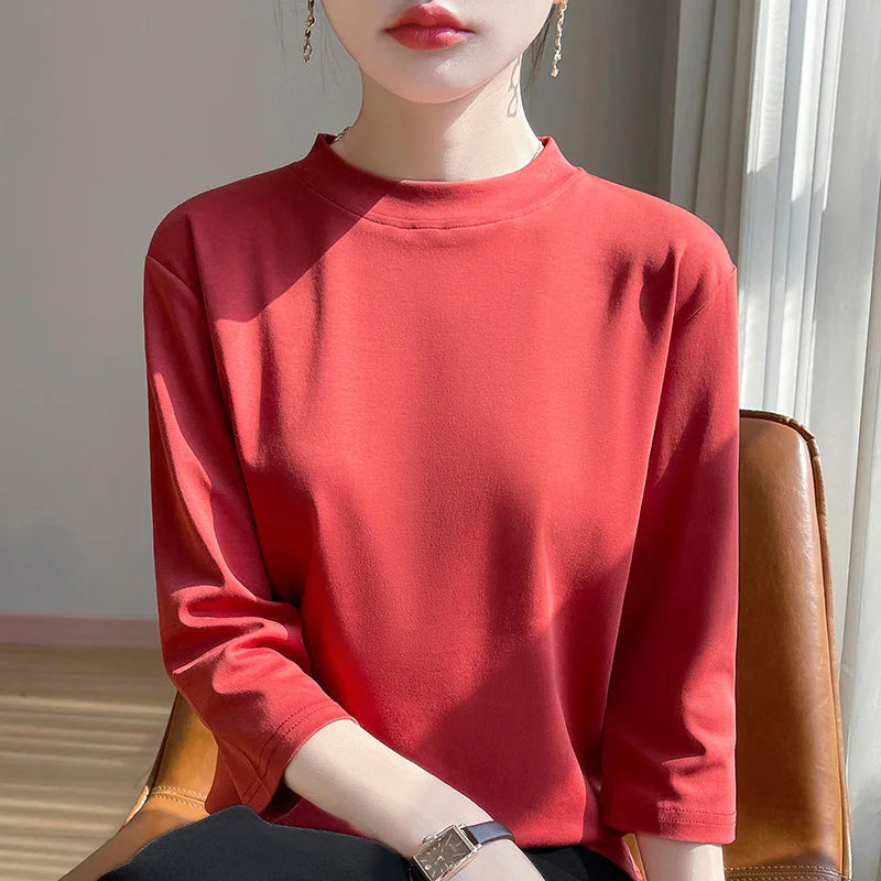 Women’s Cotton T-Shirt | Semi-High-Neck Cropped Sleeve Top | Loose Solid Color Summer & Autumn Bottoming Tee