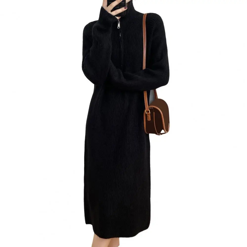 Winter Sweater Midi Dress – Zipper Turn-Down Collar, Long Sleeve Loose Knitted Dress with Striped Texture | Pure Color Warm Dress