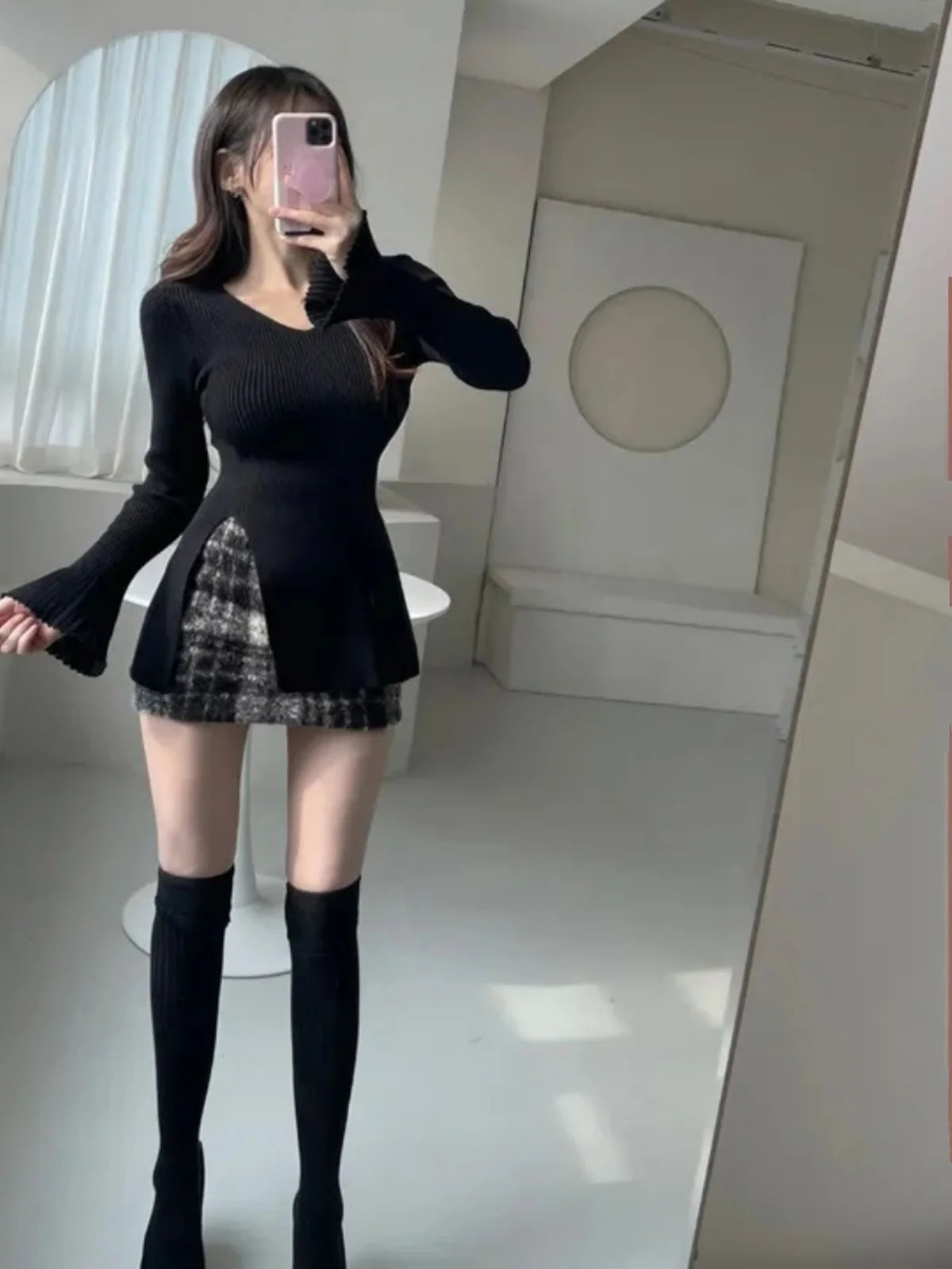 Korean Style V-Neck Bell Sleeve Knitted Top – Women’s Slim Fit Long Sleeve Base Shirt | Tight Slit Inner Wear for Spring
