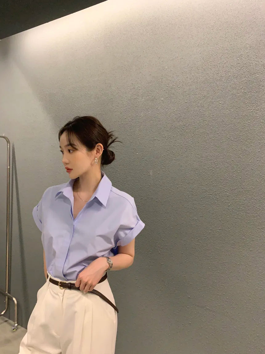 Chic Summer Loose Women’s Shirt | Classic Pure Color Professional Blouse with Small Lapel Collar