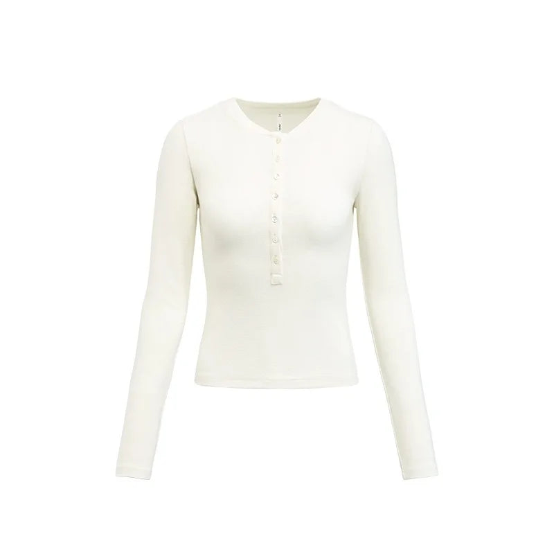 Women’s Casual Henley Neck Long Sleeve T-Shirt – Minimalist Solid Skinny Lenzing Lyocell Top