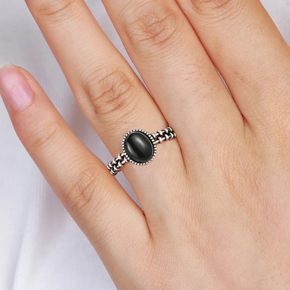 S925 Sterling Silver Gear Chain Ring with Black Onyx – Vintage Punk Style Unisex Jewelry Gift for Men & Women