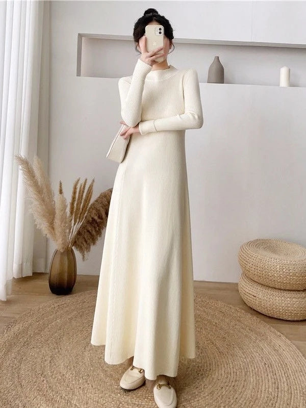 Women’s Knitted A-Line Dress – Slimming Waist Design Autumn Winter Sweater Long Dress | High-End Inner Wear