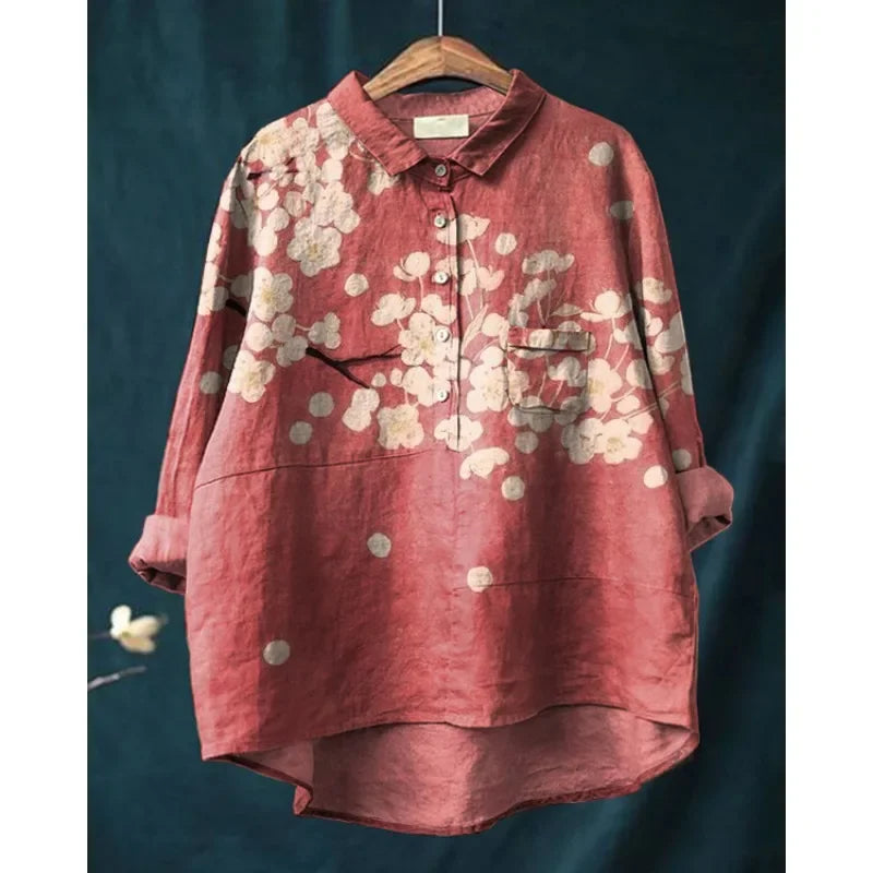 Women’s Cat Print Casual Long Sleeve Shirt – Stand-Up Collar Vintage Indian Ethnic Style Top