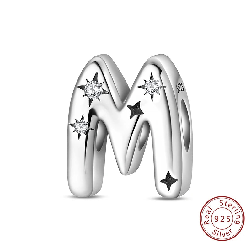Classic 925 Sterling Silver A–Z Alphabet Charms | Letter Beads with Stars Fit Original Bracelet DIY Jewelry for Women