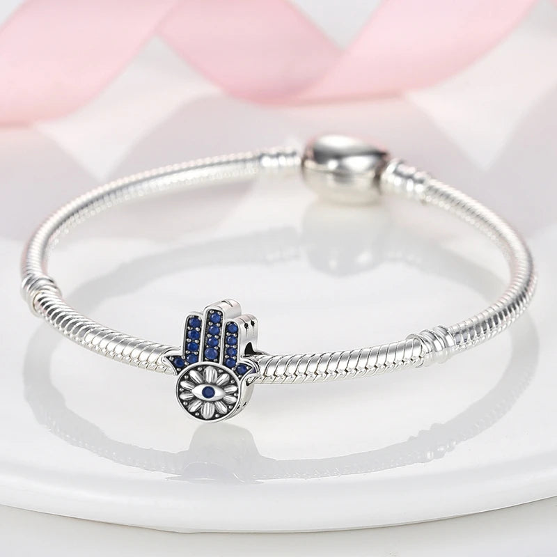 Blue 925 Sterling Silver Rotating Evil Eye Palm Moon Starry Sky Charms | Fit Original Bracelet Pendant Women Jewelry