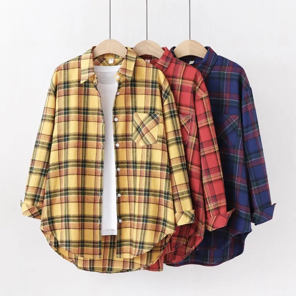 Fresh Flannel Plaid Shirt for Women | 2025 Loose Cotton Long Sleeve Casual Blouse & Top
