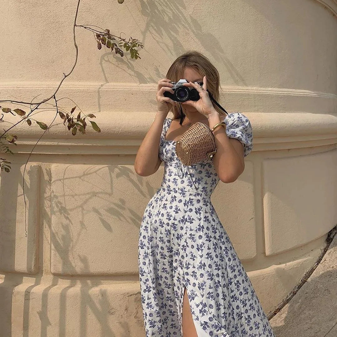 Y2K Vintage Blue Floral Dress – Women’s Elegant Summer Party Puff Sleeve Split Long Dress | Sexy Aesthetic 2024
