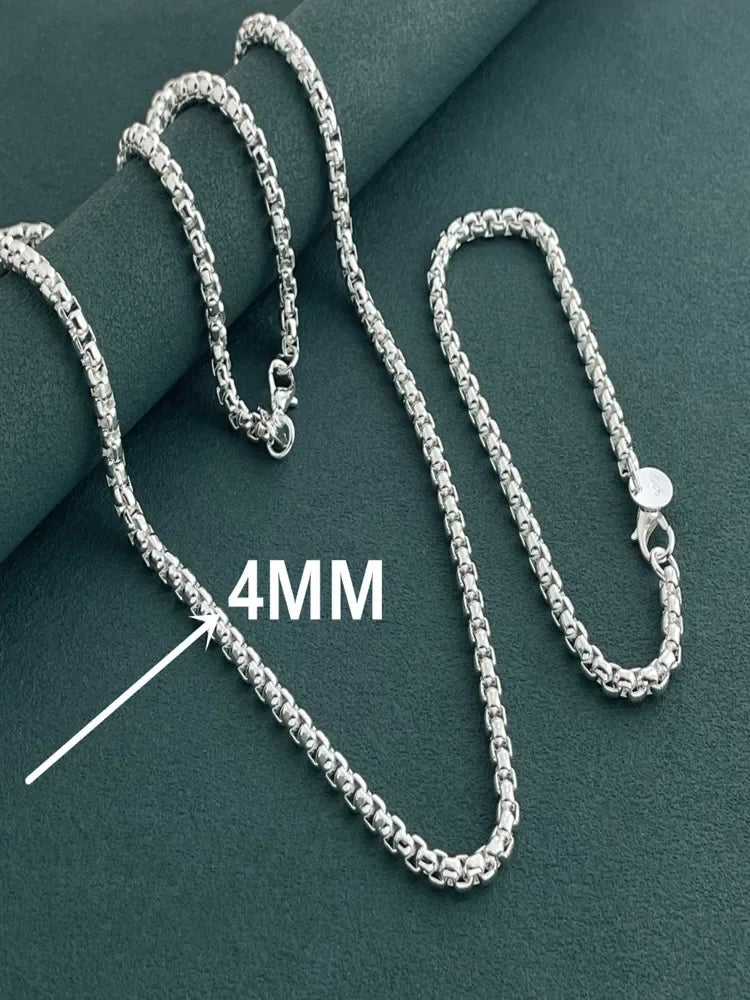 925 Sterling Silver 4MM Round Box Chain Bracelet & Necklace Set – Men & Women