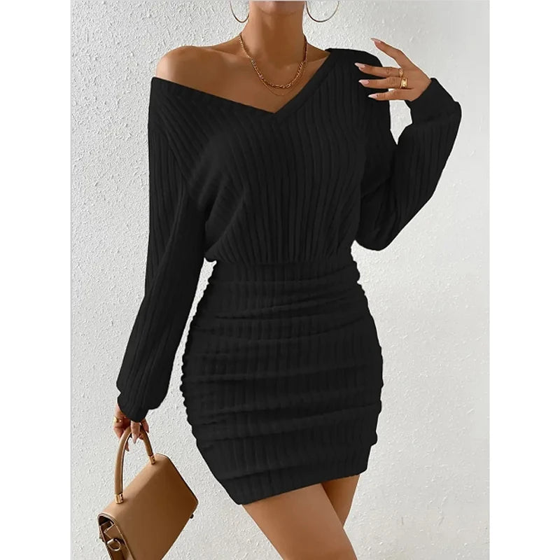 Women’s Autumn Winter Knitted Sweater Mini Dress – Casual Solid Wrap V-Neck Long Sleeve Warm Bodycon Short Dress