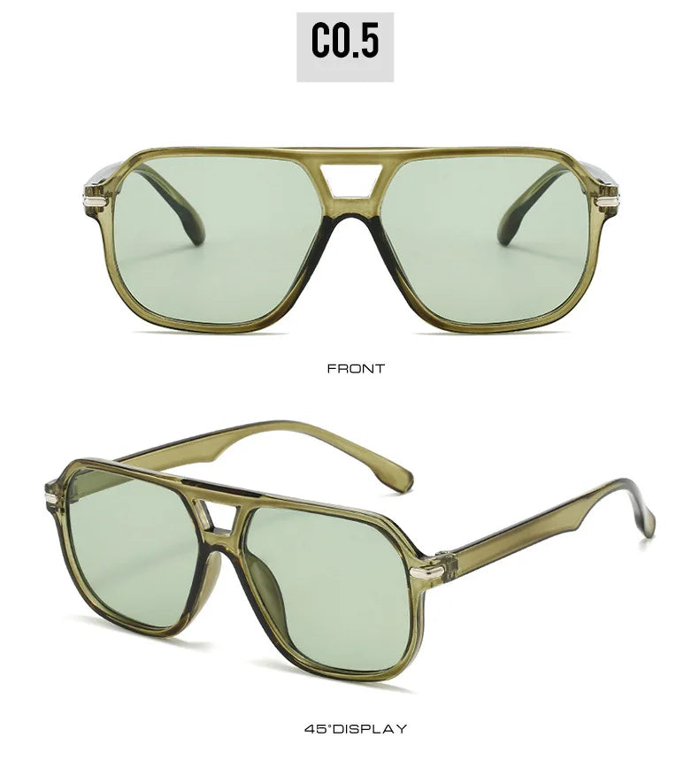 Retro Big Frame Square Sunglasses – Women & Men Double Beam One-Piece Designer Pilot Sun Glasses | Black Circular Cool Shades
