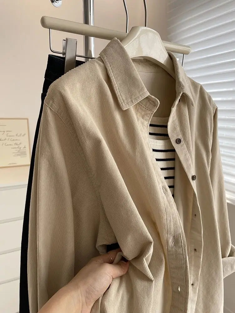 2025 Women’s Corduroy Purple Lotus Shirt | Loose Long Sleeve Casual Outerwear Top for Autumn