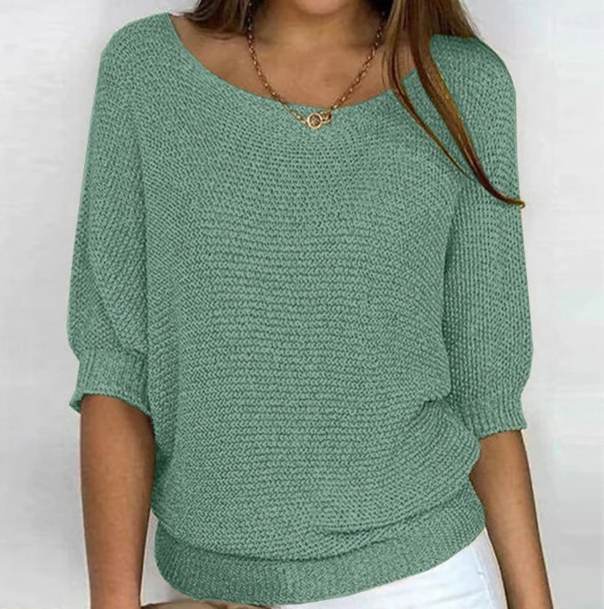 Women's Solid Color Knitted Sweater Pullover | Elegant Winter Round Neck 3/4 Sleeve Top