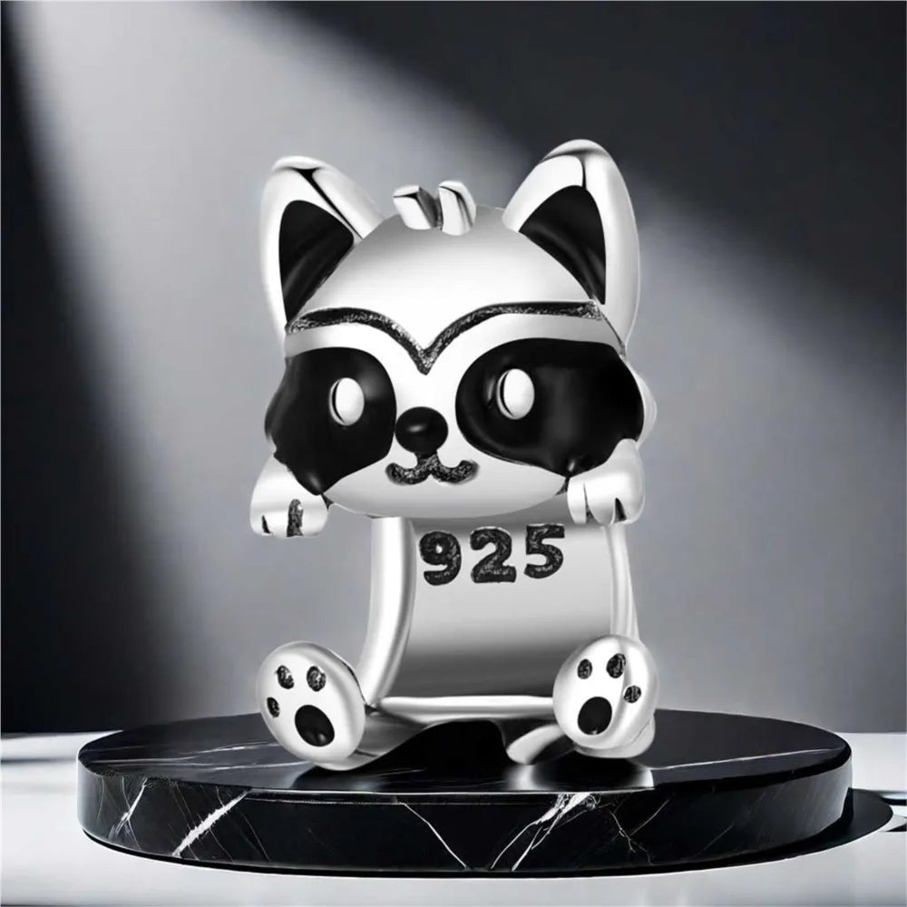 925 Sterling Silver Cute Raccoon Charm Bead | Animal Bracelet Decoration DIY Jewelry Birthday Gift
