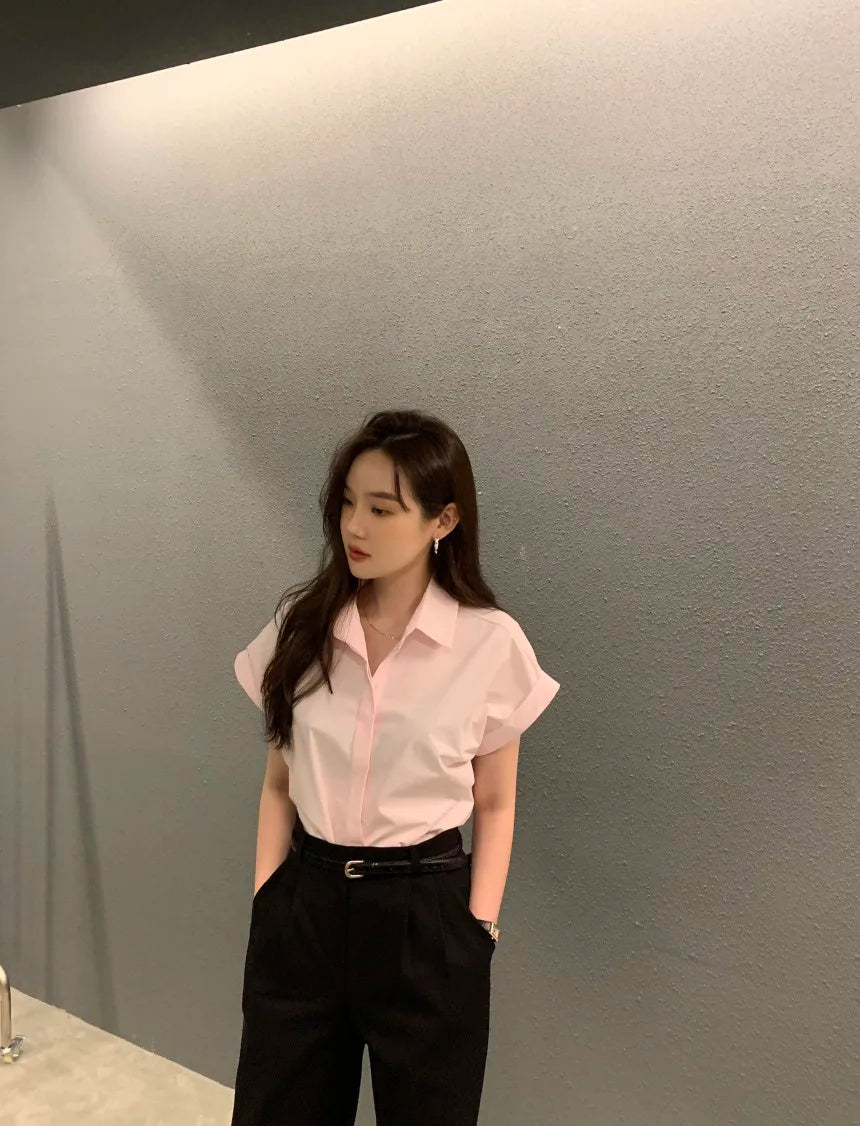 Chic Summer Loose Women’s Shirt | Classic Pure Color Professional Blouse with Small Lapel Collar
