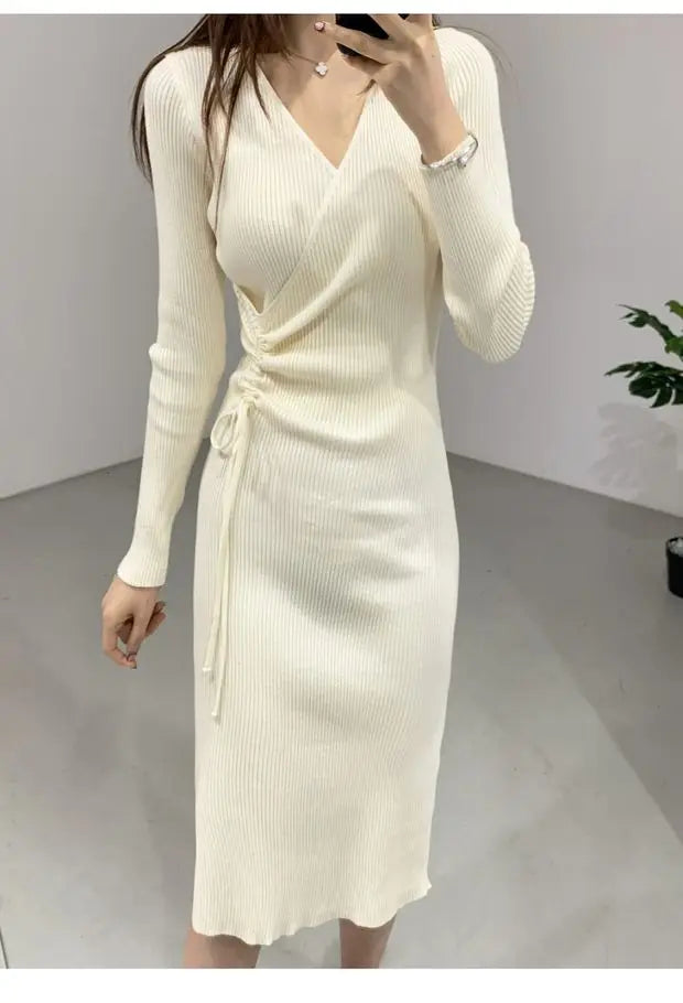 Chic V-ne Pleated Dstring Slimming Mid-length Wrap Body Knitted Dr Women's Sweater Dr Korean Sle High Waist A-line