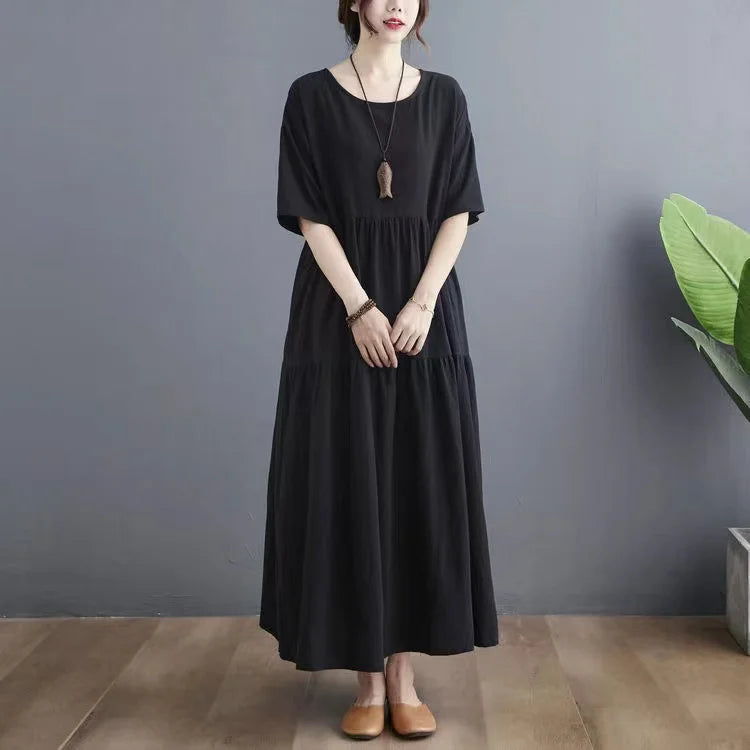 Cotton Linen Midi Dr Slimming A-Line Skirt High Waist Concealing Belly Summer New Sle Artistic Mid-aged And ly Wome...