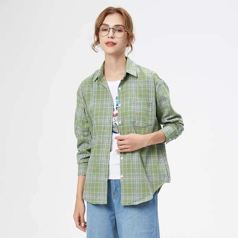 Fresh Flannel Plaid Shirt for Women | 2025 Loose Cotton Long Sleeve Casual Blouse & Top