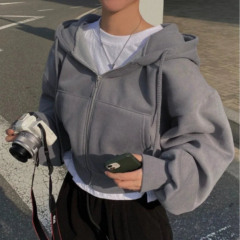 Women's Oversized Zip Up Hoodie | Retro Solid Color Sweatshirt | Autumn Harajuku Loose Short Jacket