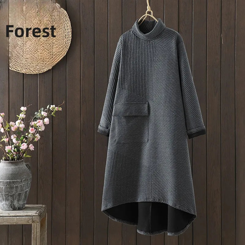 Retro Artistic High Collar Midi Dress – Autumn Winter Loose Fit Plus Size Korean Style Color-Block Commuting Dress for Women