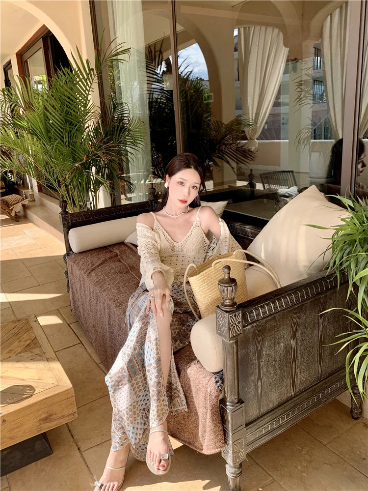 Vacation Style High Waist Wide Leg Pants – Thin Long Ethnic Print Pants for Beach & Holiday Wear