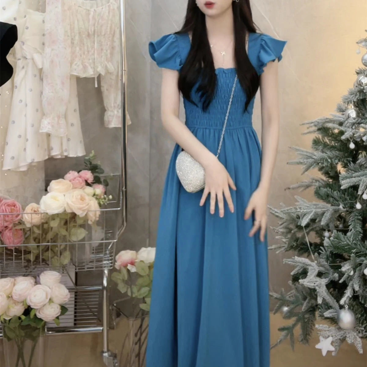 ☀️ Summer 2025 Elegant Hepburn-Style Tea Break Midi Dress 👗 Gathered Waist, Short Sleeve, Square Collar Pleated A-Line Dress 🌸