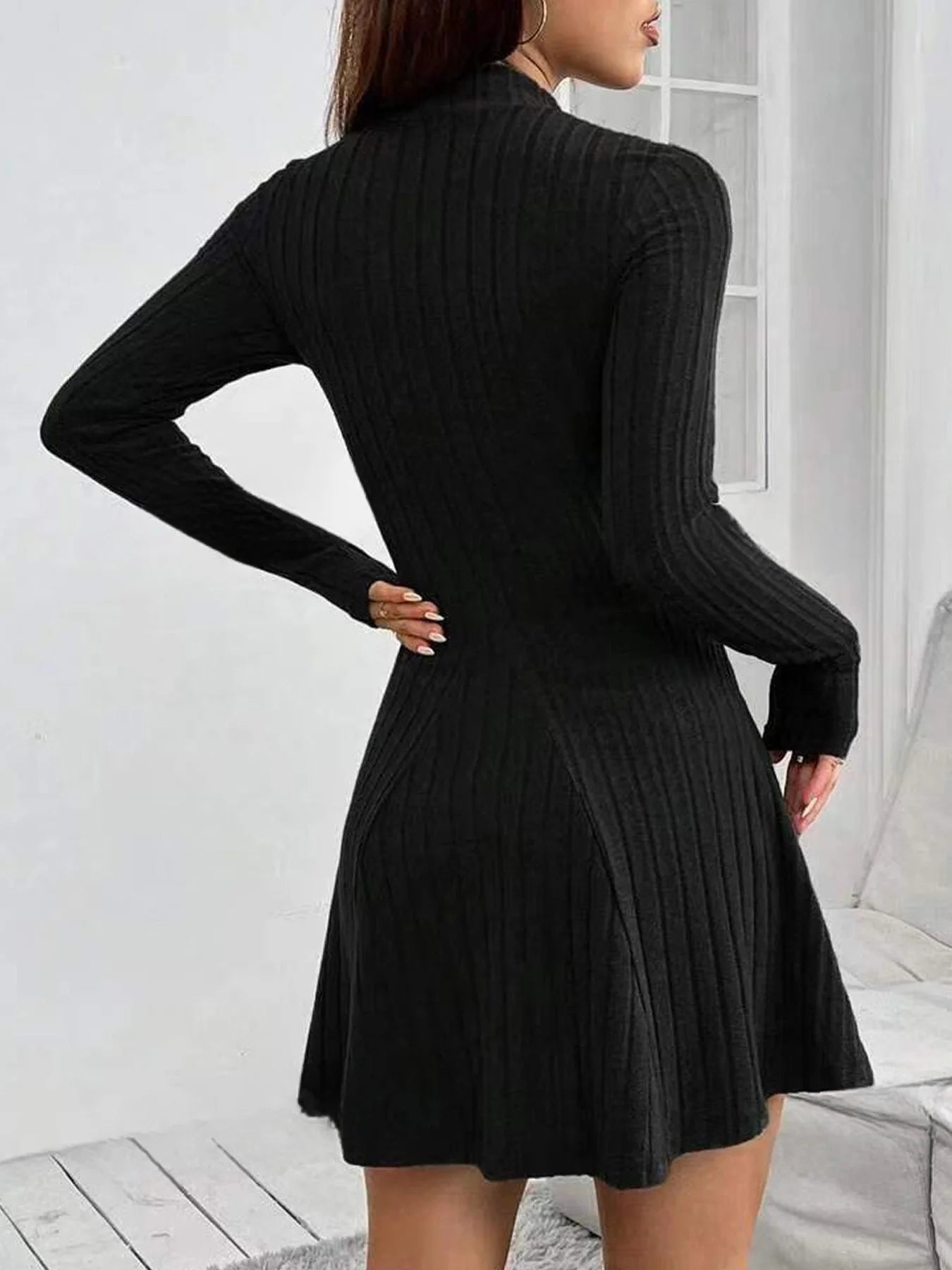 Women’s Slim Fit Half High Collar Dress – Waist Cinched A-Line Pit Stripe Long Sleeve Elegant Autumn Winter Dress