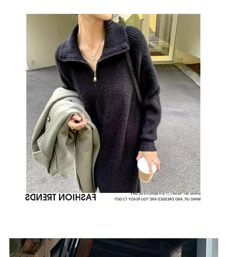 2025 Spring Autumn Knitted Midi Dress for Women | Long Sleeve Loose Fit Base Layer Straight Cut Polyester Dress