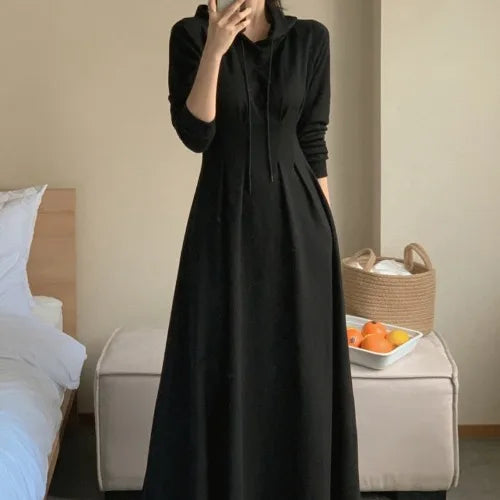 🍂 Chic Autumn Pleated Waist Slimming Long Sleeve Hooded Dress 👗 Women’s Long Dress Lazy Style Comfy Commute Wear